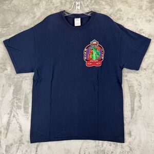 VTG Gildan FDNY Engine 273 Ladder 129 Godzilla Downtown Flushing Navy Blue Tee L